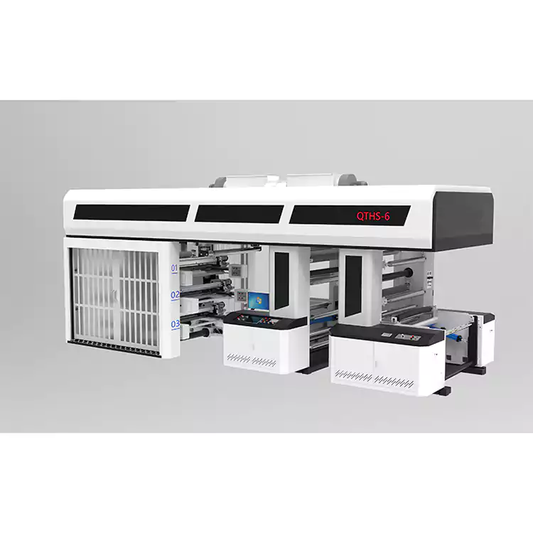 6 farver Servo Drive Gear Type Central Tromle Flexo Printng Machine Sleeve Type